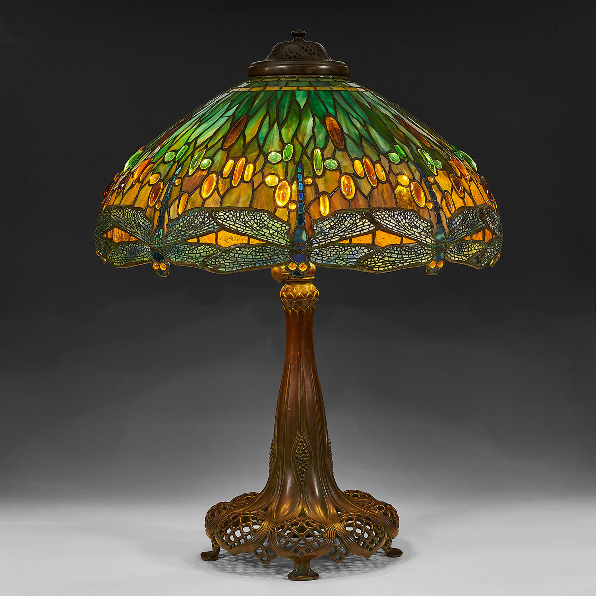 1: TIFFANY STUDIOS, Rare Jeweled Drop Head Dragonfly table lamp 